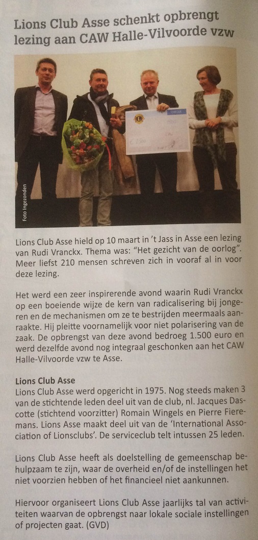 2017-03-30 (Klakson) Lions Club Asse schenkt opbrengst lezing aan CAW Halle-Vilvoorde vzw