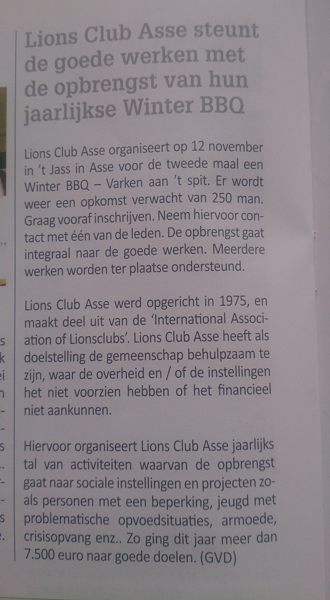 2017-11-02 (Klakson) Lions Club Asse steunt de goede werken met de opbrengst van hun jaarlijkse Winter BBQ