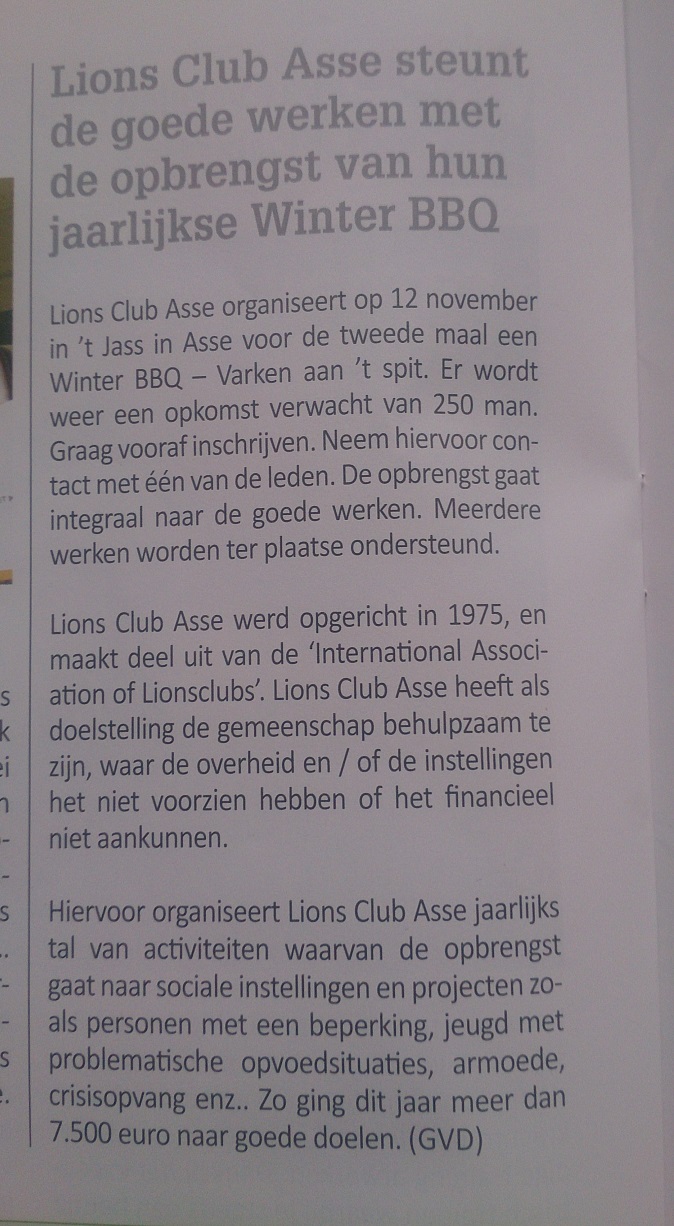 2017-11-02 (Klakson) Lions Club Asse steunt de goede werken met de opbrengst van hun jaarlijkse Winter BBQ