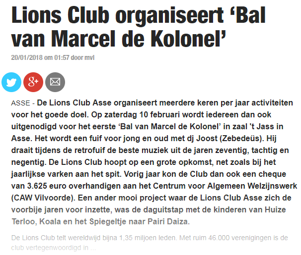Publicatie in Het Nieuwsblad: Lions Club organiseert 'Bal van Marcel de Kolonel'