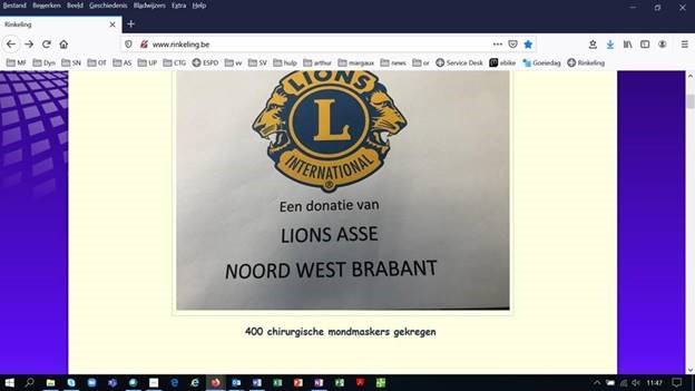 Schermafdruk rinkeling.be - Schenking Lions Asse (400 chirurgische maskers)