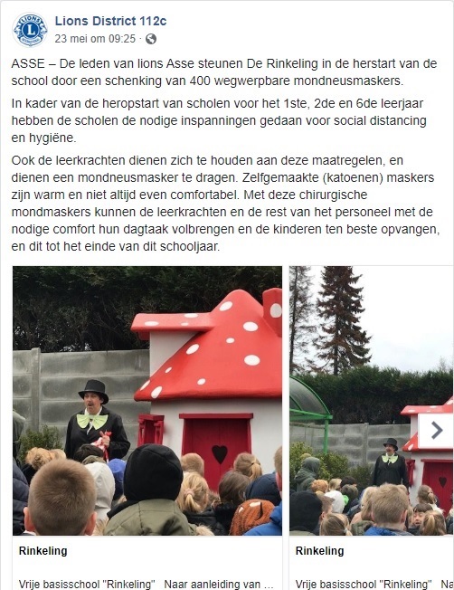 Berichtje op Facebook-pagina van Lions District 112c omtrent mondmaskers Lions Asse voor Vrije basisschool Rinkeling