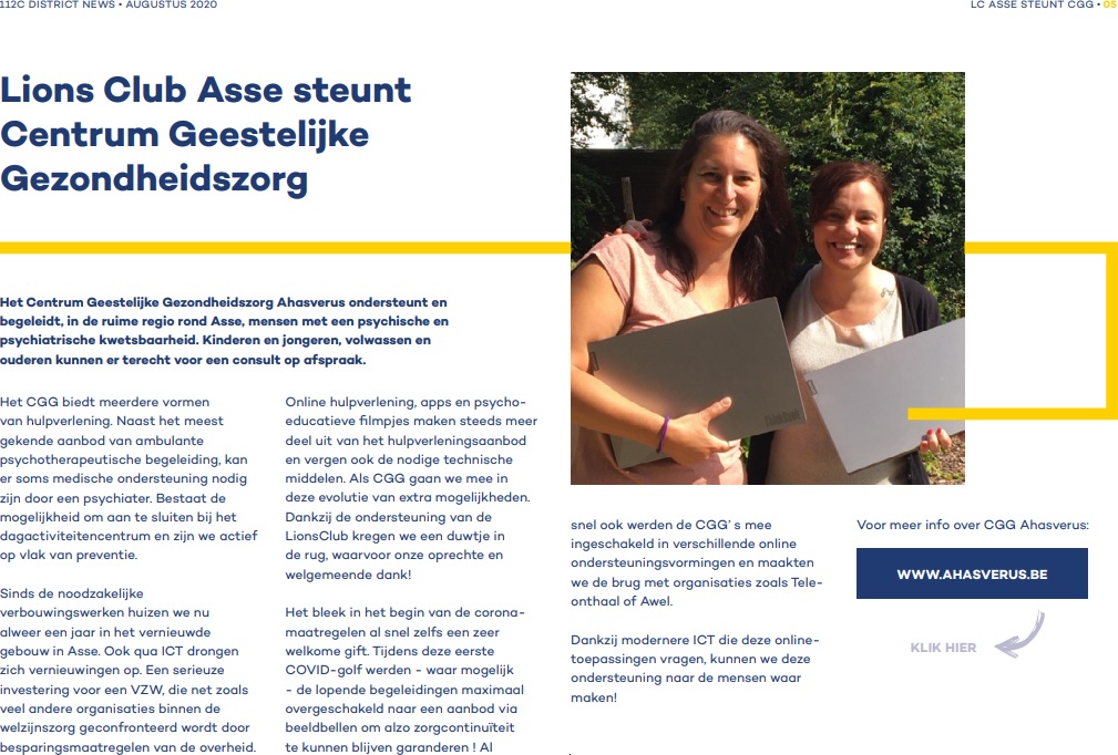 Persbericht op lions112c.org - 112C District News Magazine – augustus 2020 –Lions Club Asse steunt Centrum Geestelijke Gezondheidszorg