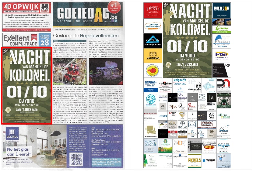 Onze flyer van de fuif op het voorblad van Goeiedag Asse, met verder in het boekje al onze sponsors op een volledig blad