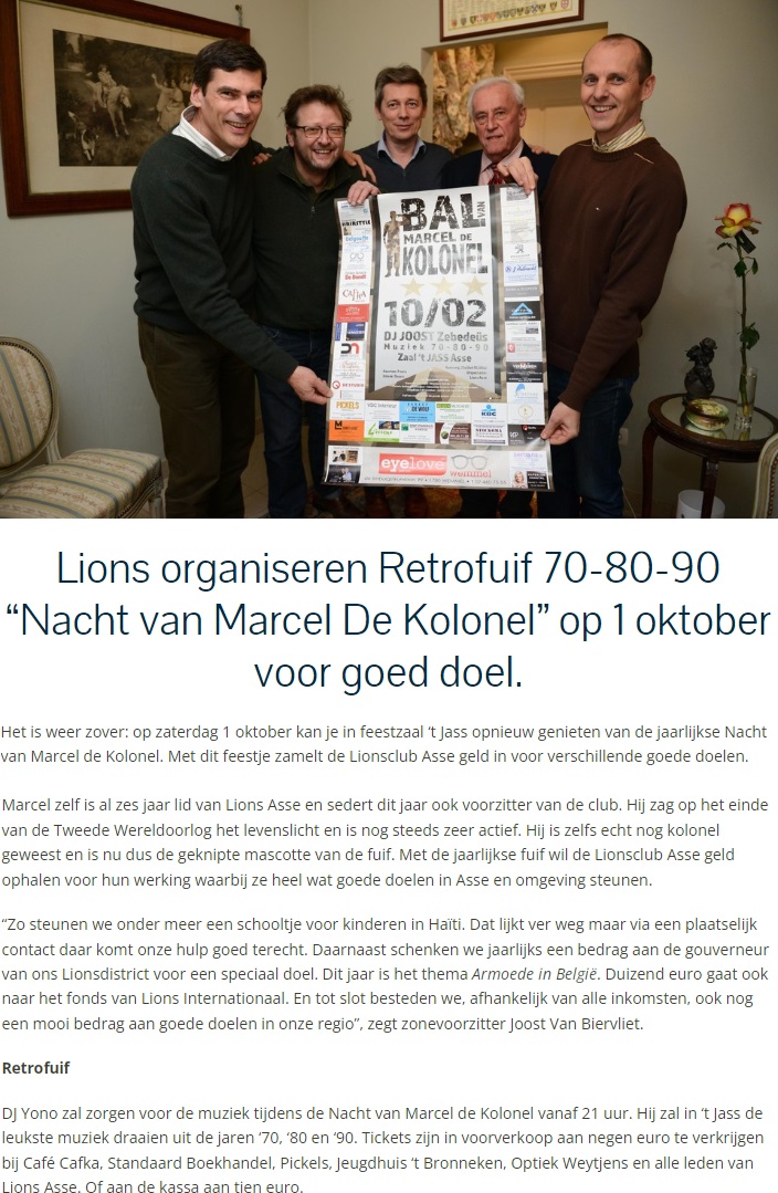 Persbericht op Goeiedag.be (25 september 2022) Lions organiseren Retrofuif 70-80-90 'Nacht van Marcel De Kolonel' op 1 oktober voor goed doel.