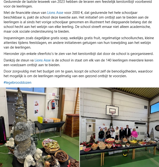 Foto in sporthal met tafel vol ontbijt voor alle leerlingen