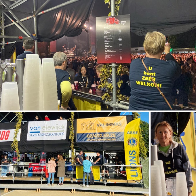 3 foto's: 1) Foto van achter de toog, met zicht op het podium. Op de rug van 3 Lions staat: 'U bent ZEER WELKOM! 2) Zicht op de toog vanaf het terrein, en 3) Gerda Vermeir, met de slogan van de voorkant van de t-shirts: 'Nacht van Marcel de Kolonel'